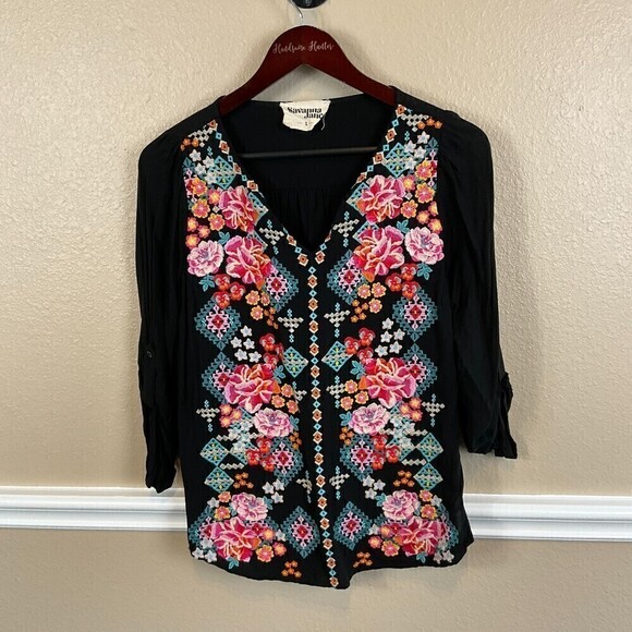 Savanna Jane S Women Top Floral Top Shirt Blouse Embroidered Roll Tab Sleeve T3 - Picture 4 of 12